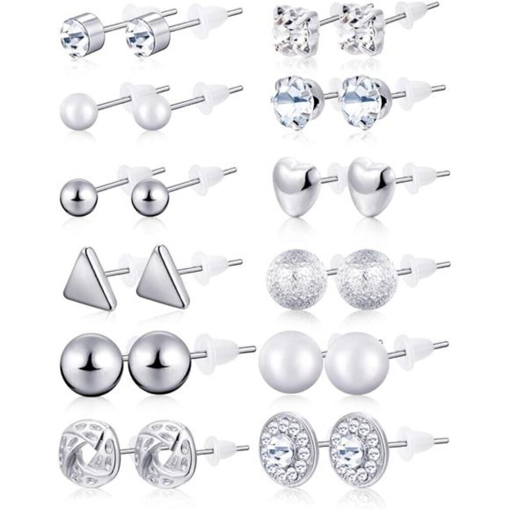 24 Pairs Stud Earrings Crystal Pearl Earring Set Ear Stud Silver Studs